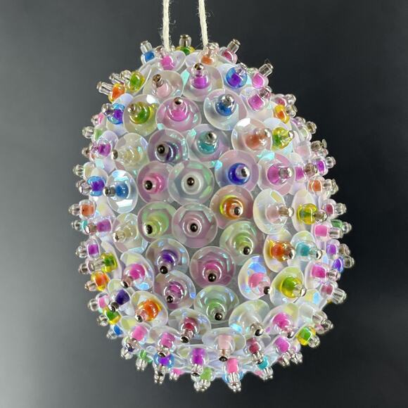 Lot of 6 Vintage Handmade Pin Push Beaded Sequin Christmas Egg Ornaments+ 2 - Picture 5 of 10